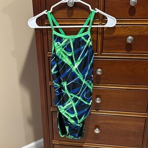Waterpro competition women’s bathing suit, size 34, navy blue, bright green